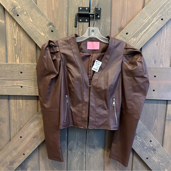 Azalea Wang Brown Faux Leather Jacket with Puff Sleeves - Picture 1 of 10